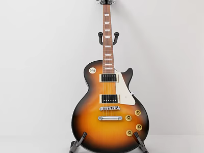 Vintage Sunburst Electric Guitar With White Pickguard And Gold Knobs On Stand 3d model