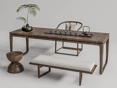 Traditional Style Wooden Tea Table and Chair With Tea Set Plant Bench and Stool 3d model