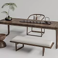 Traditional Style Wooden Tea Table and Chair With Tea Set Plant Bench and Stool
