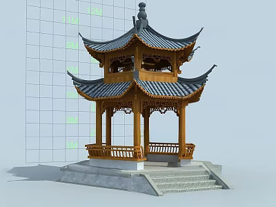 Traditional Chinese Ancient Pavilion With Classical Double Eave Roof Wooden Structure And Stone Platform Steps 3d model