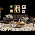 Stylish Sofa and Coffee Table Set with Throw Pillows Decorative Paintings and Floor Lamp on Checkered Rug