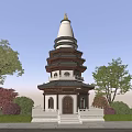 Traditional Chinese Pagoda With White Spire And Multi tiered Structure Surrounded By Lush Trees And Stone Steps