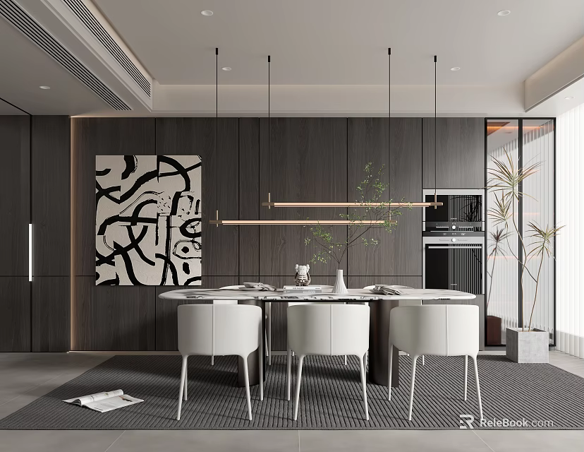 Modern Restaurant Interior With Round Dining Table White Chairs Black Artwork Pendant Lights And Green Plants 3d model 