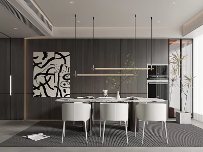 Modern Restaurant Interior With Round Dining Table White Chairs Black Artwork Pendant Lights And Green Plants 3d model