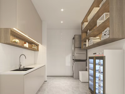Elegant Modern Open Concept Kitchen Interior With Wooden Cabinets And Marble Island 3d model