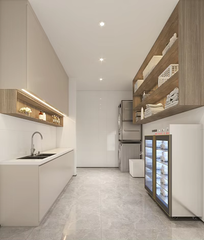 Elegant Modern Open Concept Kitchen Interior With Wooden Cabinets And Marble Island 3d model