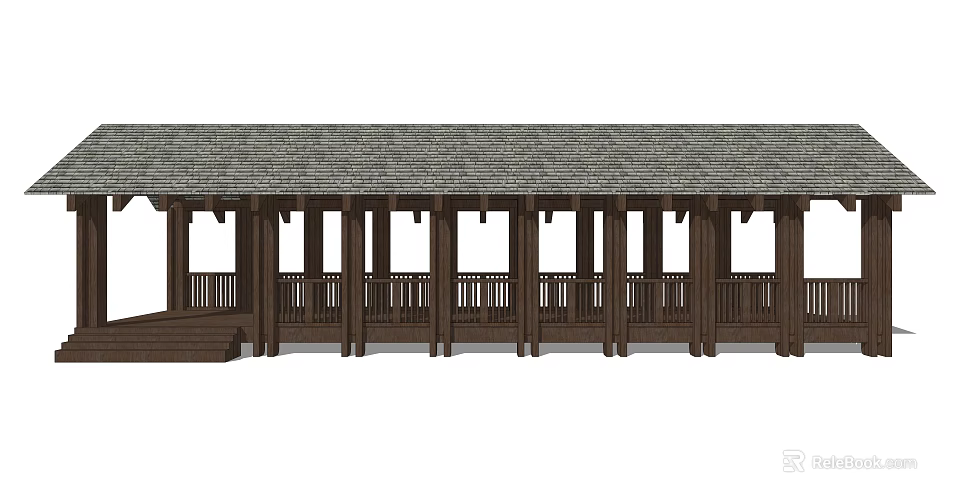 Outdoor Wooden Pergola Structure With Roof Columns Railings And Steps Design 3d model 