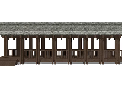 Outdoor Wooden Pergola Structure With Roof Columns Railings And Steps Design 3d model