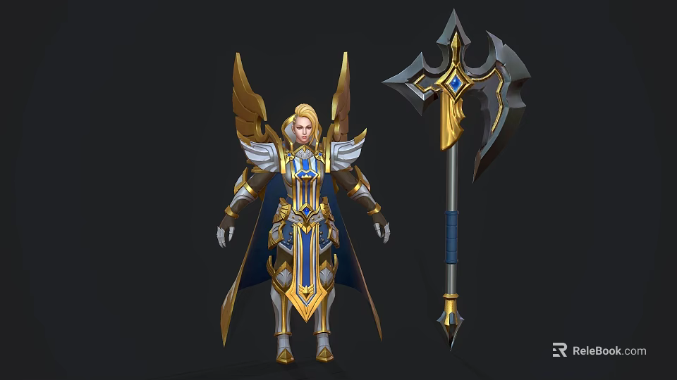 Angelic Warrior With Golden Wings Blonde Hair Blue Armor Holding Large Axe Blue Gemstone 3d model 