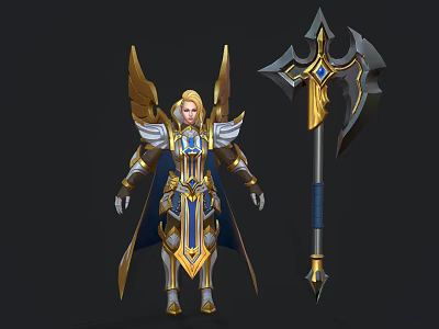 Angelic Warrior With Golden Wings Blonde Hair Blue Armor Holding Large Axe Blue Gemstone 3d model