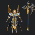 Angelic Warrior With Golden Wings Blonde Hair Blue Armor Holding Large Axe Blue Gemstone