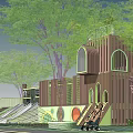 Kids Play Area With Slides Wooden Structures Trees And Circular Play Elements 3d model