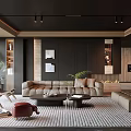 Modern Living And Dining Room Interior With Sofa Coffee Tables Rug Plants And Artworks