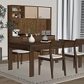 Modern Dining Table with Wooden Chairs Vase Flowers Fruits and Green Plant Near Window Blinds