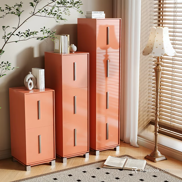 Orange Entryway And Side Cabinets With Metal Handles Different Heights Indoor Plants Lamp Books Decorations 3d model 
