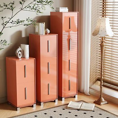 Orange Entryway And Side Cabinets With Metal Handles Different Heights Indoor Plants Lamp Books Decorations 3d model