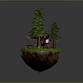 Floating Natural Island Scene With Green Grass Tall Pine Trees And Red Camping Tent