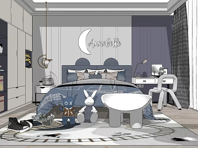 Cute Kids Room Interior Design With Moon Decor Rabbit Plush Toys Bed Desk And Rug 3d model