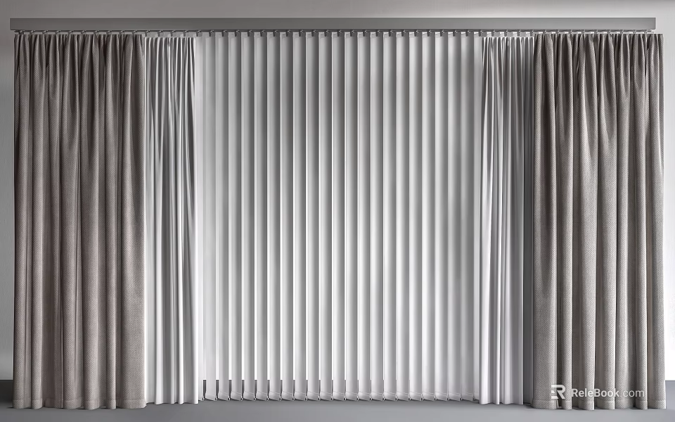 Stylish Gray Curtains With White Blinds For Home Window Decoration 3d model 