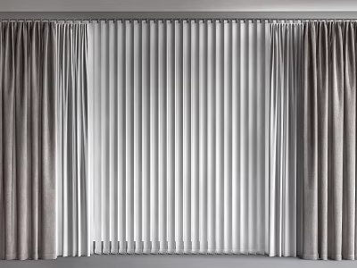 Stylish Gray Curtains With White Blinds For Home Window Decoration 3d model