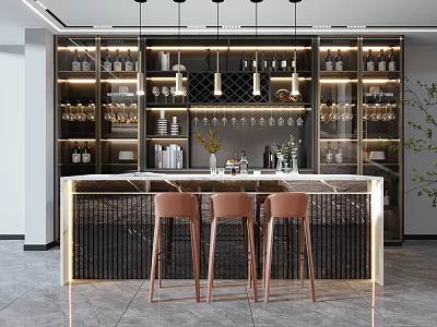 Modern Bar Counter Interior With Marble Top Brown Bar Stools Wine Racks And Glasses 3d model
