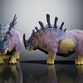Colorful Triceratops Creature Models With Horns Spiked Backs And Vibrant Colors