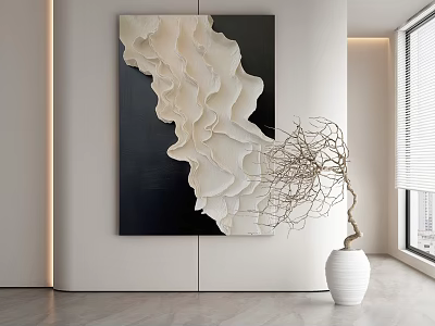 Abstract Painting With Textured White Waves In Modern Interior With White Vase And Dried Branches 3d model