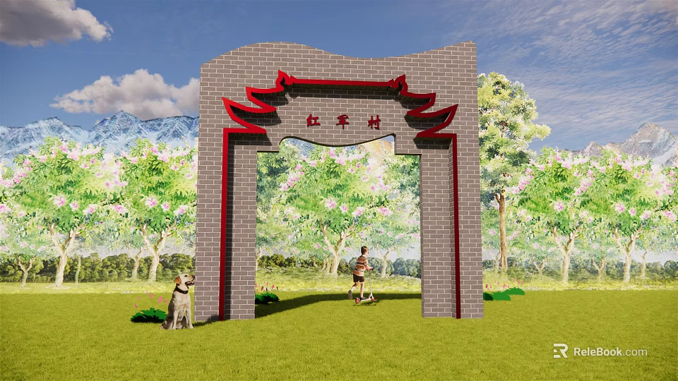 Traditional Chinese Red Brick Entrance Gate with Decorative Eaves and Green Grass in Hongping Village 3d model 