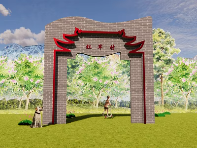 Traditional Chinese Red Brick Entrance Gate with Decorative Eaves and Green Grass in Hongping Village 3d model