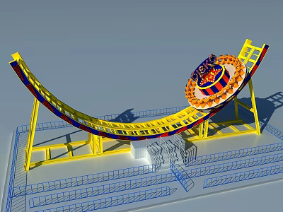 Large Curved Amusement Ride with Yellow Track Circular Loop Structure and Blue Railings 3d model