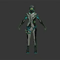 Futuristic Armored Sci Fi Character Wearing Blue And White Cybernetic Armor With Masked Helmet Design