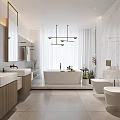 Modern Bathroom Interior Design With Marble Walls Double Vanities Bathtub And Chandeliers