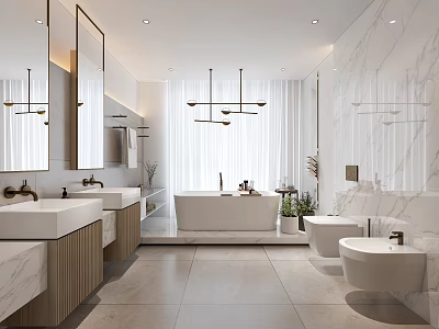 Modern Bathroom Interior Design With Marble Walls Double Vanities Bathtub And Chandeliers 3d model