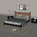 Double Bed with Brown Headboard Black Frame Gray Bedding and Nightstands on Checkered Rug
