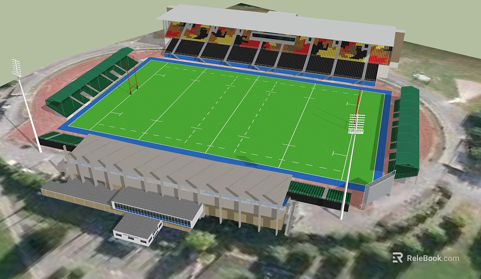 Modern Rugby Stadium Design Featuring Green Field And Roofed Seating Stands 3d model 