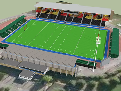 Modern Rugby Stadium Design Featuring Green Field And Roofed Seating Stands 3d model