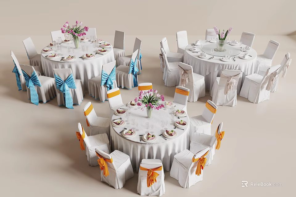 Banquet Hall Interior With Round Tables White Tablecloths Flower Vases And Blue Orange Bow Ties 3d model 