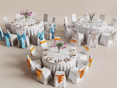 Banquet Hall Interior With Round Tables White Tablecloths Flower Vases And Blue Orange Bow Ties 3d model