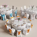 Banquet Hall Interior With Round Tables White Tablecloths Flower Vases And Blue Orange Bow Ties