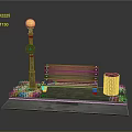 Urban Street Scene With Decorative Street Lamp Wooden Bench Trash Can And Grass