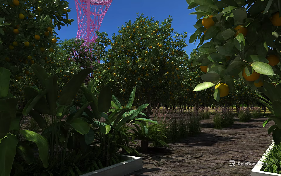 Garden Landscape Featuring Orange Trees Banana Plants And Pink Tower Under Blue Sky 3d model 