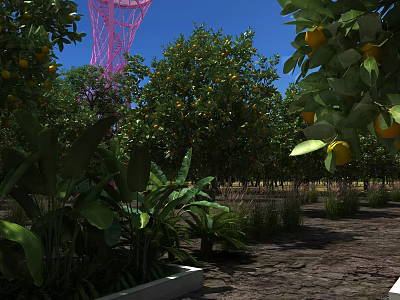 Garden Landscape Featuring Orange Trees Banana Plants And Pink Tower Under Blue Sky 3d model