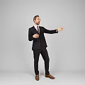 Businessman in Black Suit Gesturing with Extended Hand and Hand on Chest Against Gray Background