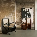 Modern Artistic Single Chairs Black Wicker Brown Wooden With Textured Wall Abstract Painting