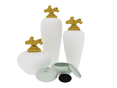 White Bottles With Golden Horse Shaped Decorations And Small Containers Decorative Ornament Set 3d model