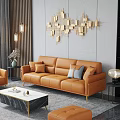 Modern Orange Leather Sofa Set with Marble Coffee Table and Geometric Wall Decor 3d model