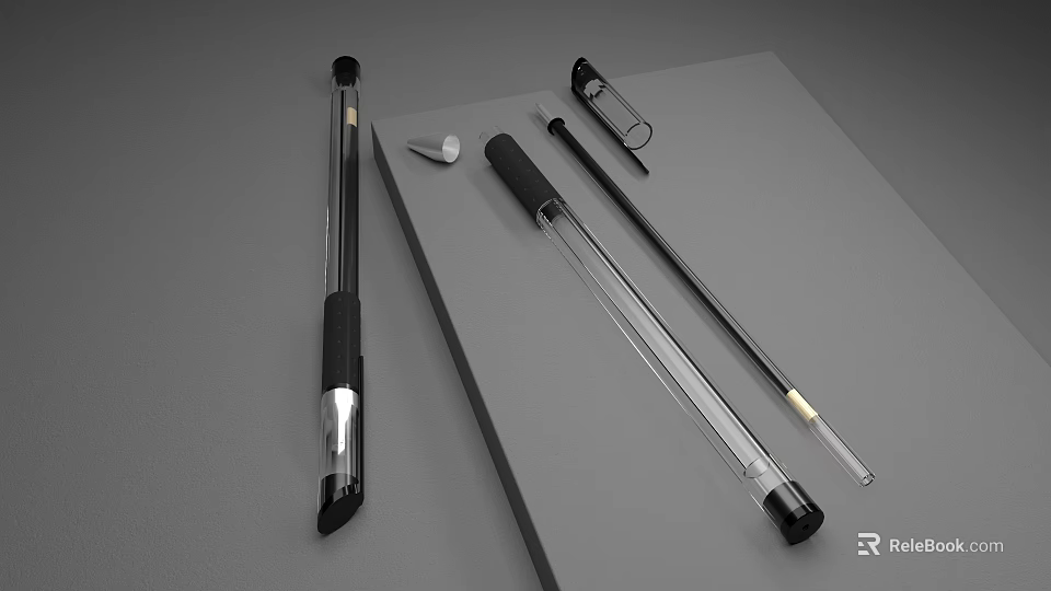 Sleek Black And Clear Pens With Matching Caps On Gray Notebook Surface 3d model 