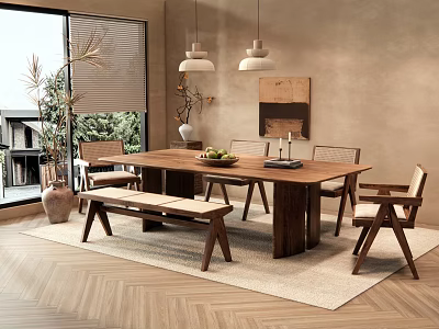 Modern Wooden Dining Table Set With Chairs Bench Pendant Lights And Plants 3d model
