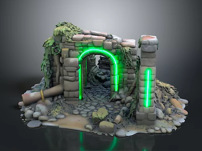 Mystical Stone Archway Scene With Green Neon Lights Moss And Pipes 3d model