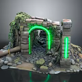 Mystical Stone Archway Scene With Green Neon Lights Moss And Pipes